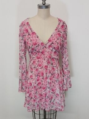 Double Crazy Floral Pink V-Neck Long Bell Sleeve Women’s Dress / L